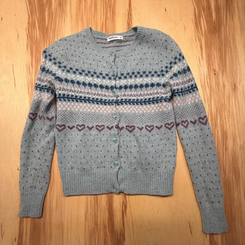 WoolOvers Lambswool Fair Isle Cardigan Women's‎ XS Gray Heart Pattern